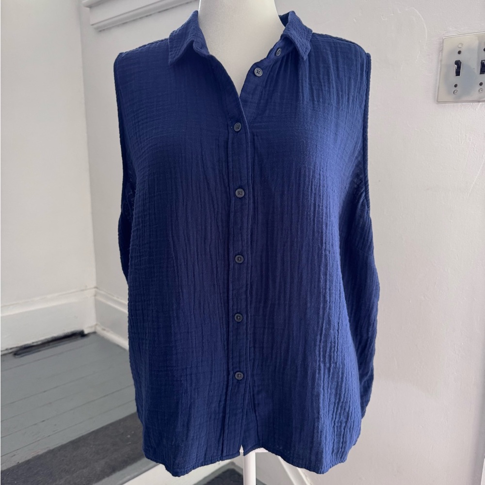 J. Crew Navy Blue Button-Up Sleeveless Gauze Blouse